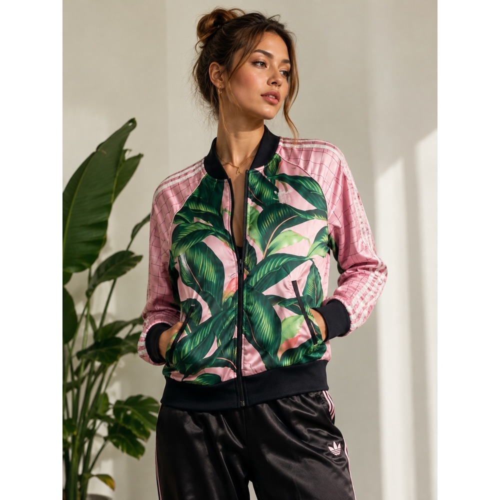 Adidas Originals Tropical Leaf Print Track Jacket Pink Green Women's XS DH3071